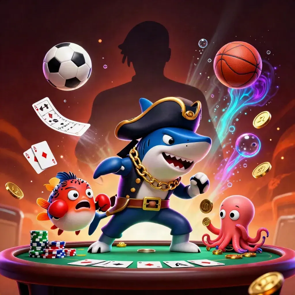 Low-angle neon casino splash: pirate shark, pufferfish, octopus, cards, chips, balls, embers, cyan-violet glow.