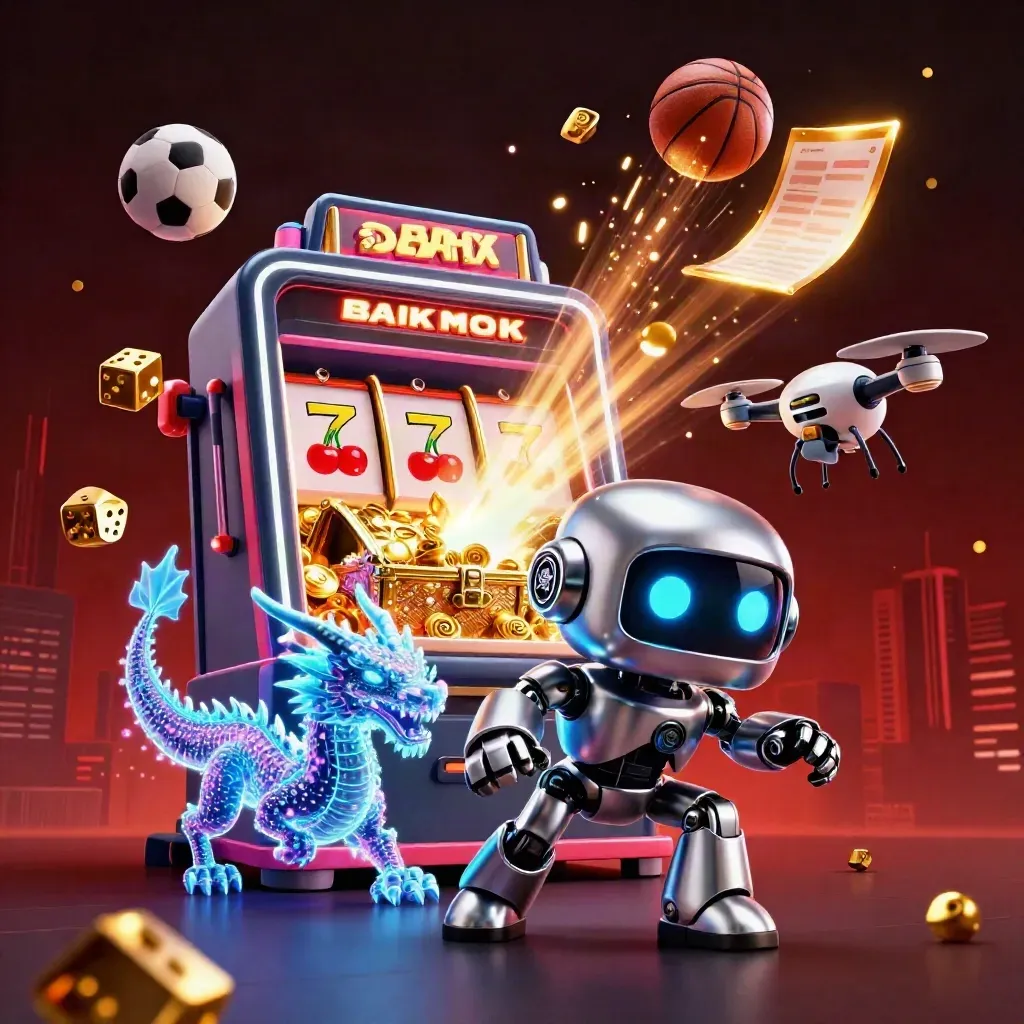 Chrome robot, neon dragon and coin drone amid exploding slot symbols, gold and neon glow.