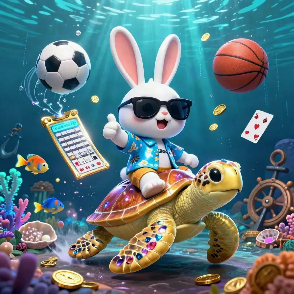 Lucky rabbit on golden turtle amid coins, coral, cards, balls and neon underwater casino glow.