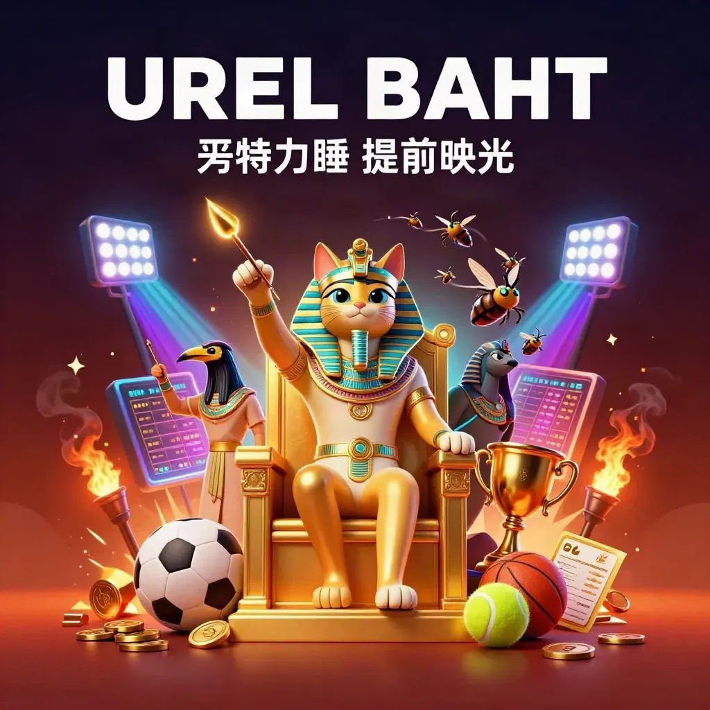 Pharaoh cat, ibis scribe and scarabs amid sports balls, trophy glow and ember-lit casino fantasy
