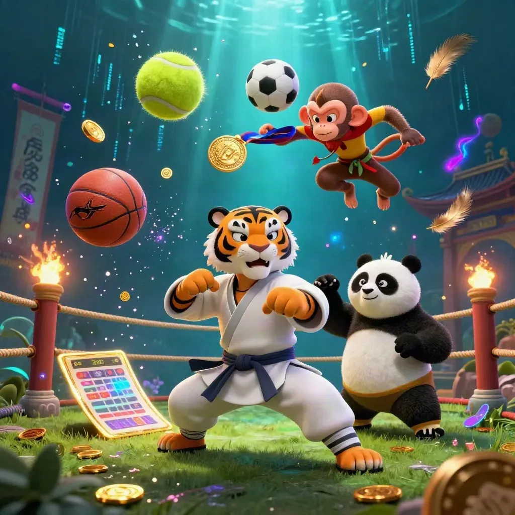 Tiger, panda, and monkey burst amid neon sports energy, gold coins, and a dark blue arena glow.