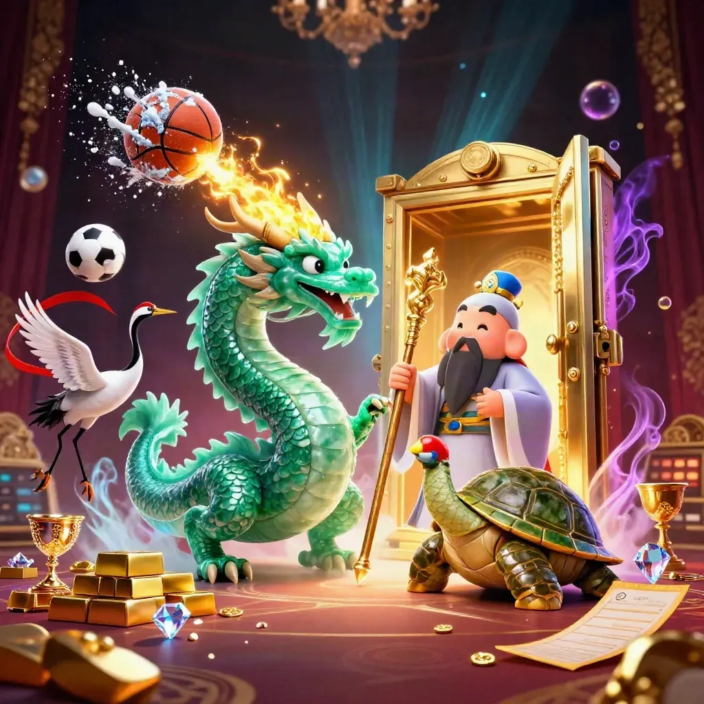 Dragon, turtle sage and cranes amid vault gold, basketball, soccer ball and neon casino glow