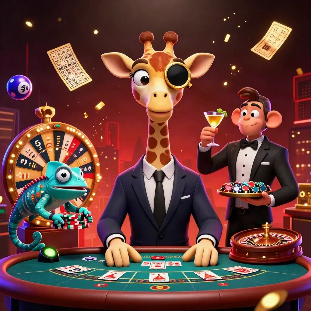 Three casino mascots at a luxe table with glowing lights, lottery balls and neon chaos