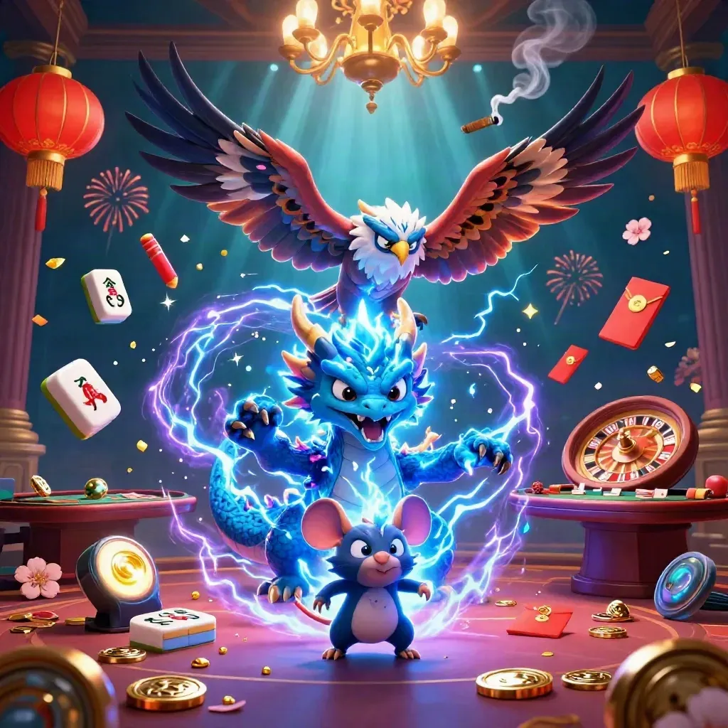 Thunder dragon, wind hawk, and static mouse in a neon casino splash with roulette and cards.