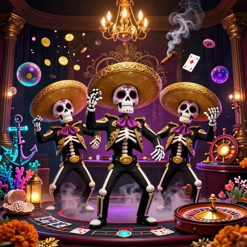 Skeleton mariachi trio in a neon casino treasure scene with gold, petals, and glowing cards