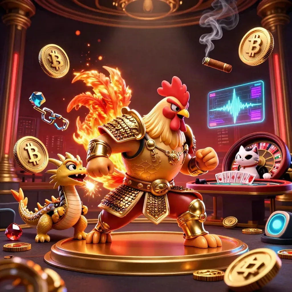 Rooster warrior, dragon hatchling, and fortune-cat in neon casino luxury with coins and roulette