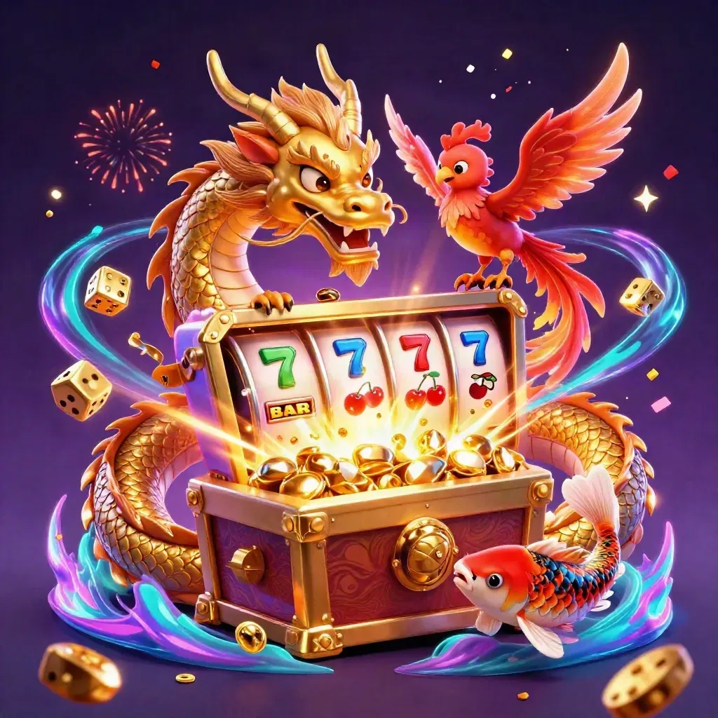 Golden dragon with phoenix and koi amid bursting slot machine, gold, gems, and neon violet energy