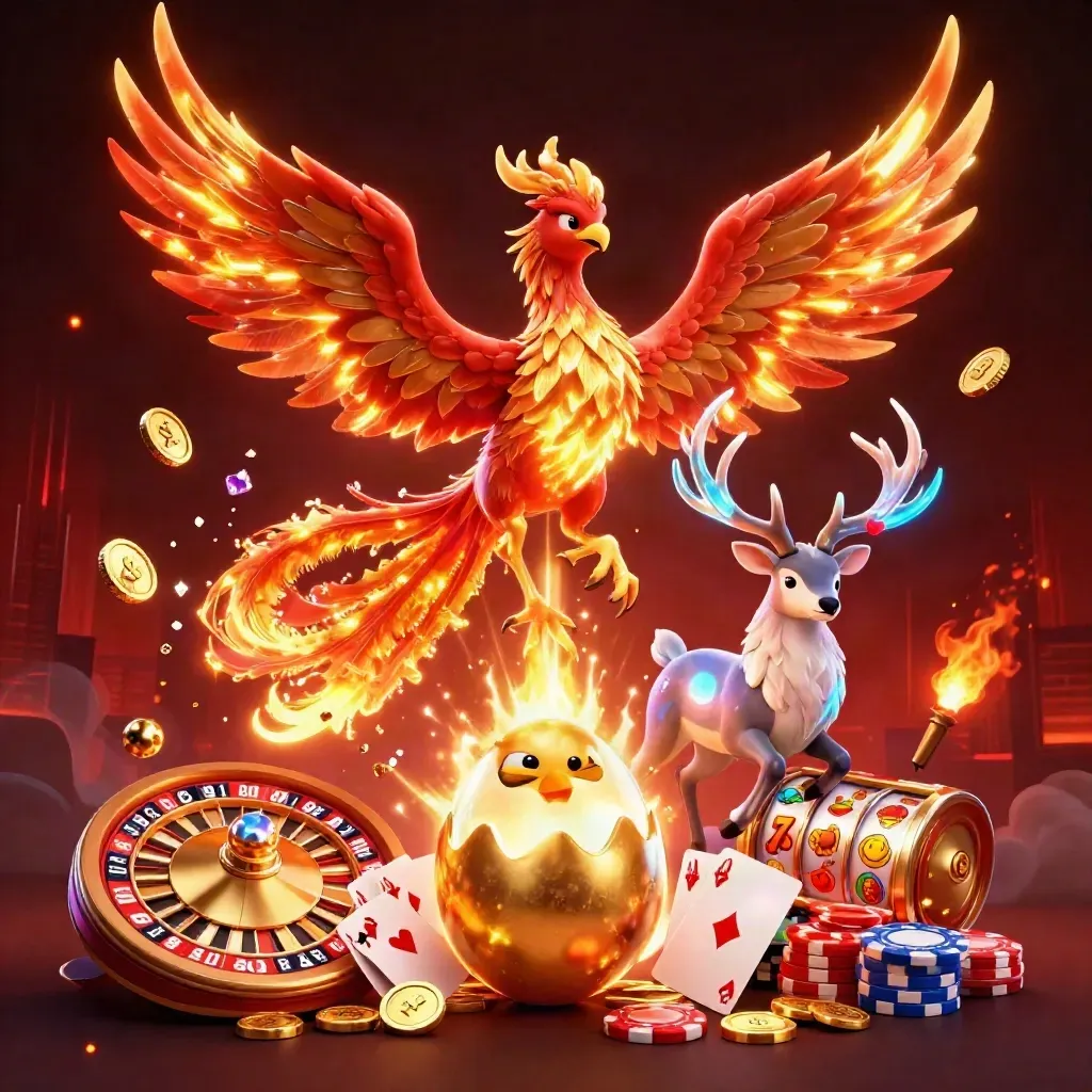 Phoenix, hatching egg and crystal stag amid coins, gems, chips and neon casino effects