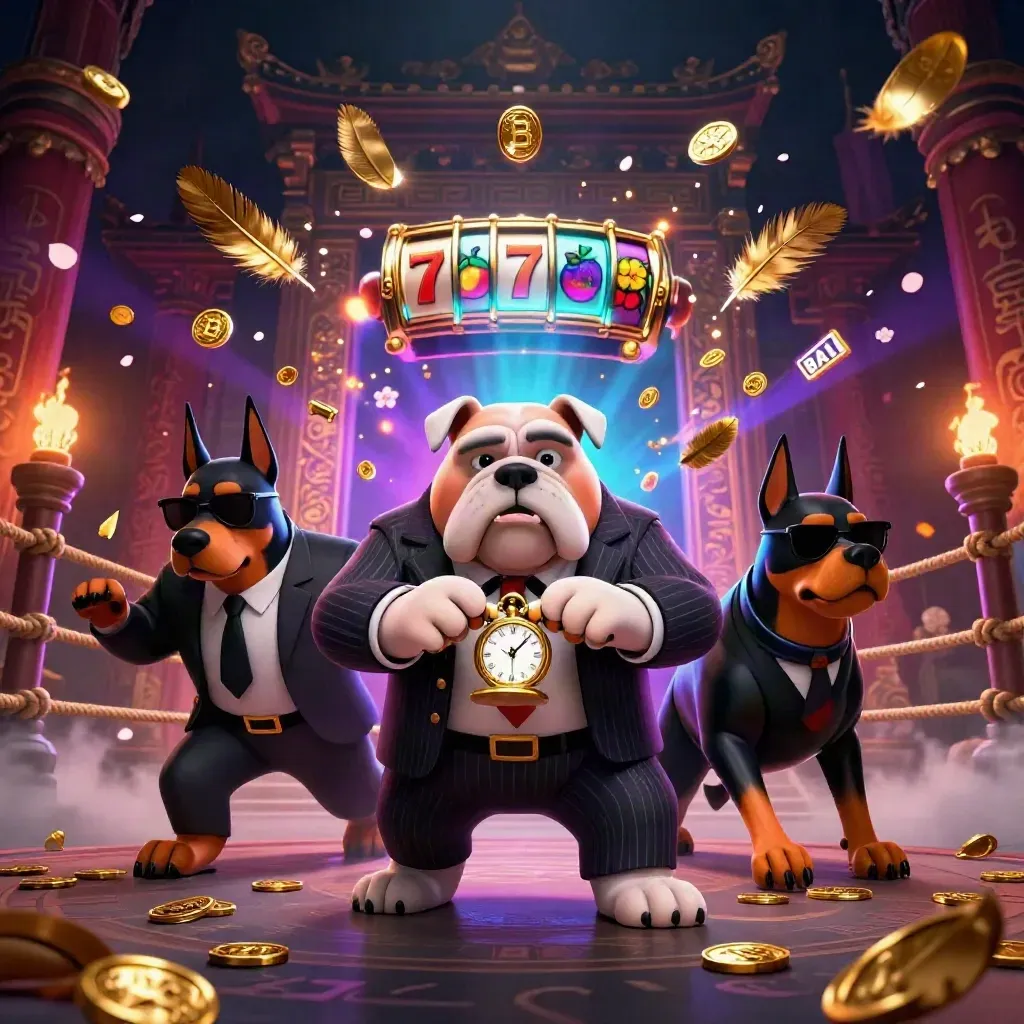 Bulldog boss and two Doberman guards in a neon casino fantasy scene with coins, reels, and temple lights.