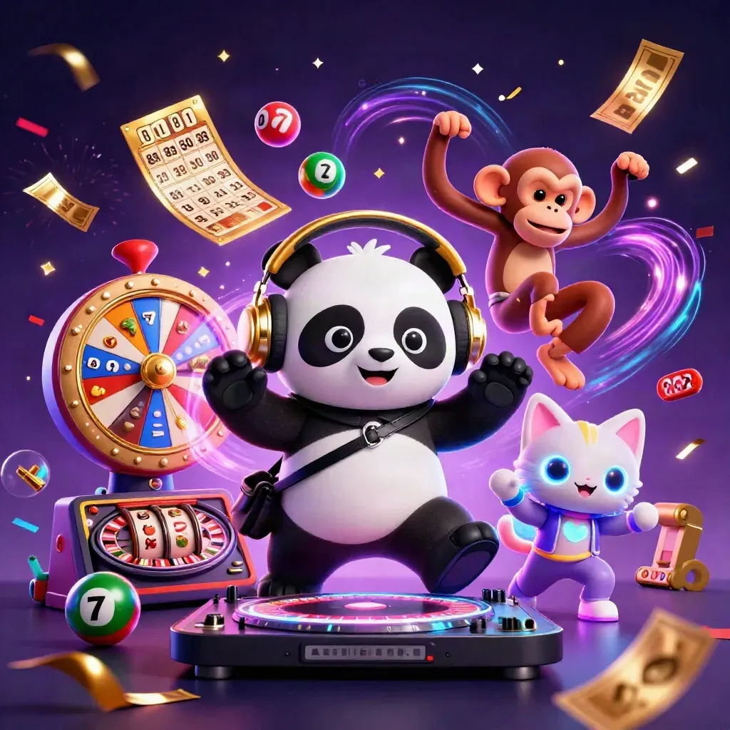 Panda DJ, monkey and glow-stick kitten amid casino lights, lottery balls, prize wheel and confetti