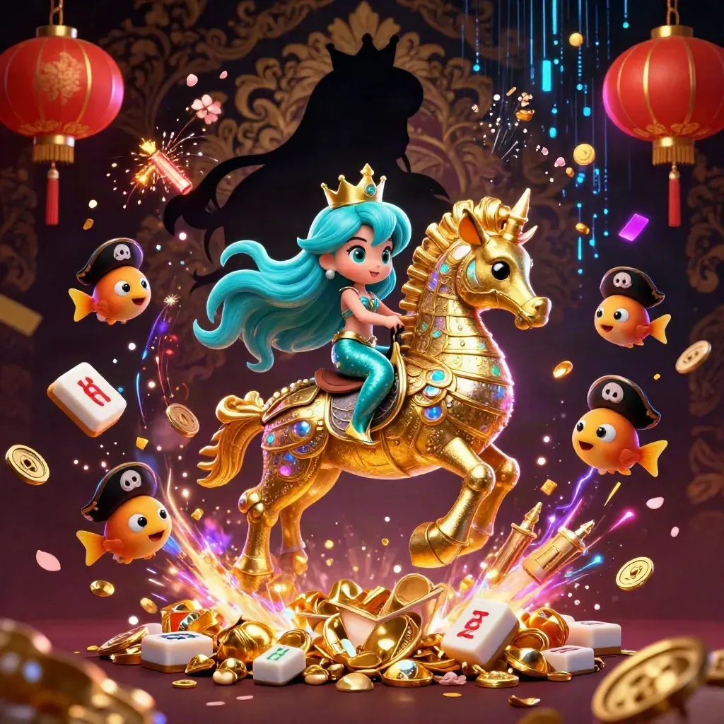 Mermaid princess on golden seahorse with pirate fish, treasure burst, cyan neon casino splash
