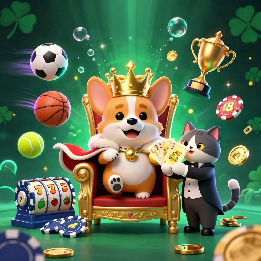 Royal corgi king and cat butler amid casino sports icons, coins, neon glow, and chip throne.