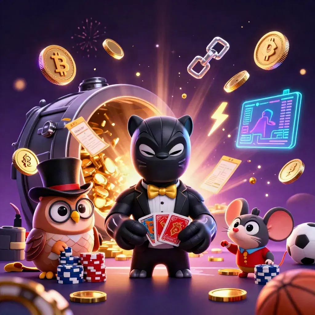 Panther, owl, and mouse celebrate amid exploding gold coins, neon crypto, and casino loot.