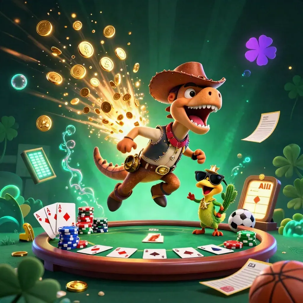 Cowboy T-Rex trio amid casino loot, coins, poker chips, and neon glow.