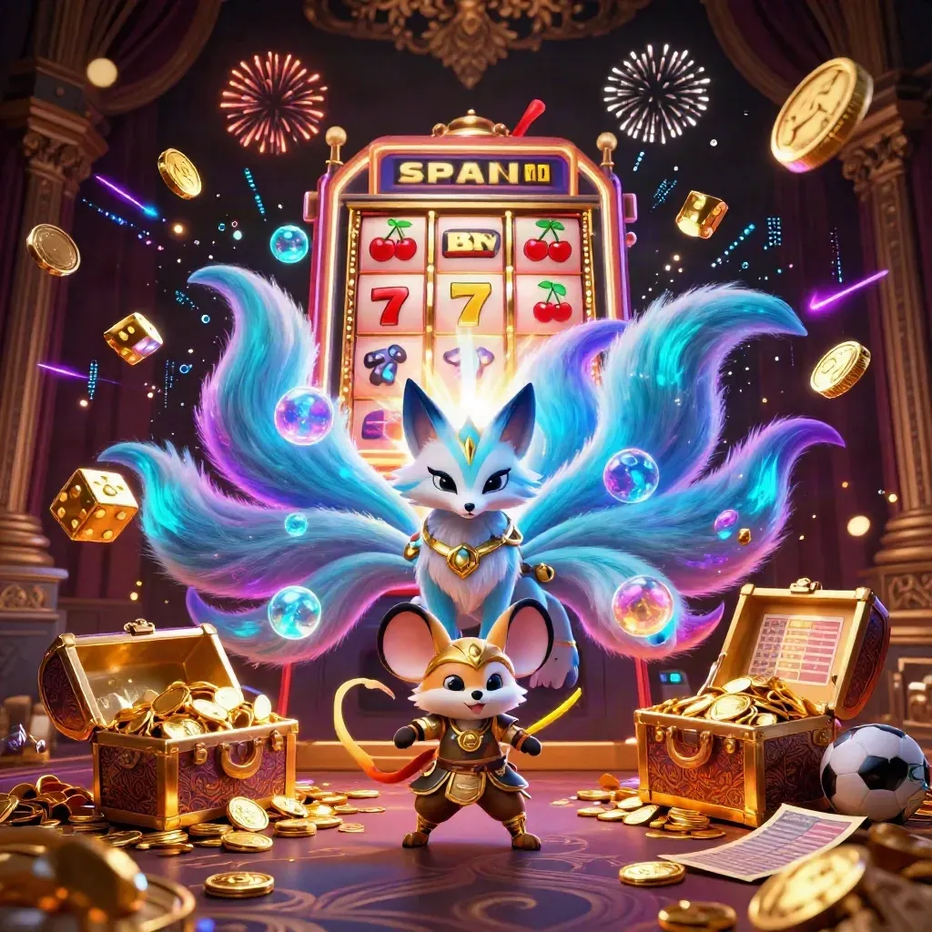 Neon fox spirit and armored mouse amid casino loot, slot bursts, coins, and fireworks.
