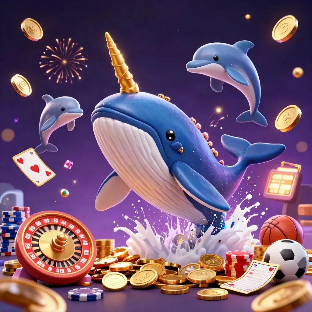 Whale captain, narwhal and dolphins burst through coins, gems, cards and casino lights