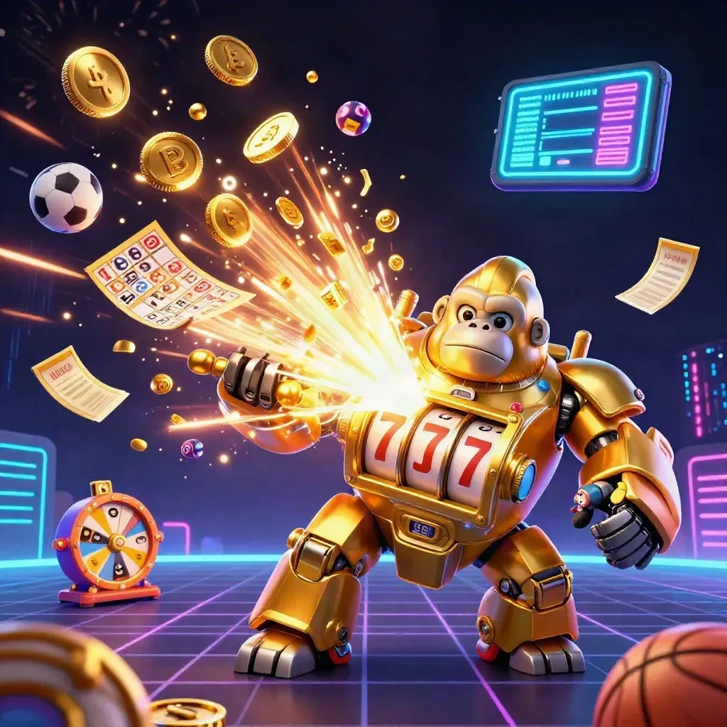 Golden gorilla mech bursts coins, fireworks, lottery balls, and neon casino energy in a dark vault scene.