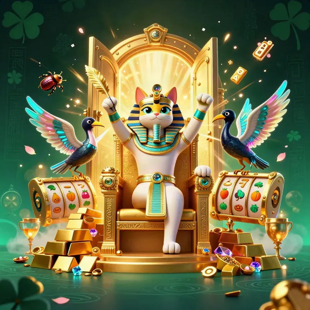 Pharaoh cat throne scene with ibis scribe, scarabs, vault, gold, and cyan neon glow