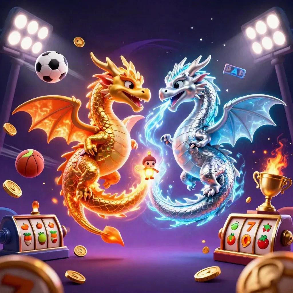 Twin gold and silver dragons form a yin-yang amid casino sports bursts and neon energy