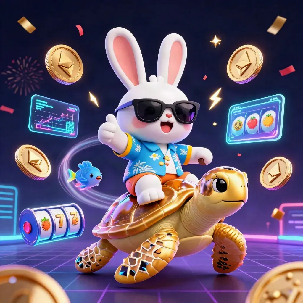 Lucky rabbit on golden turtle with coins, fish, fireworks and casino glow