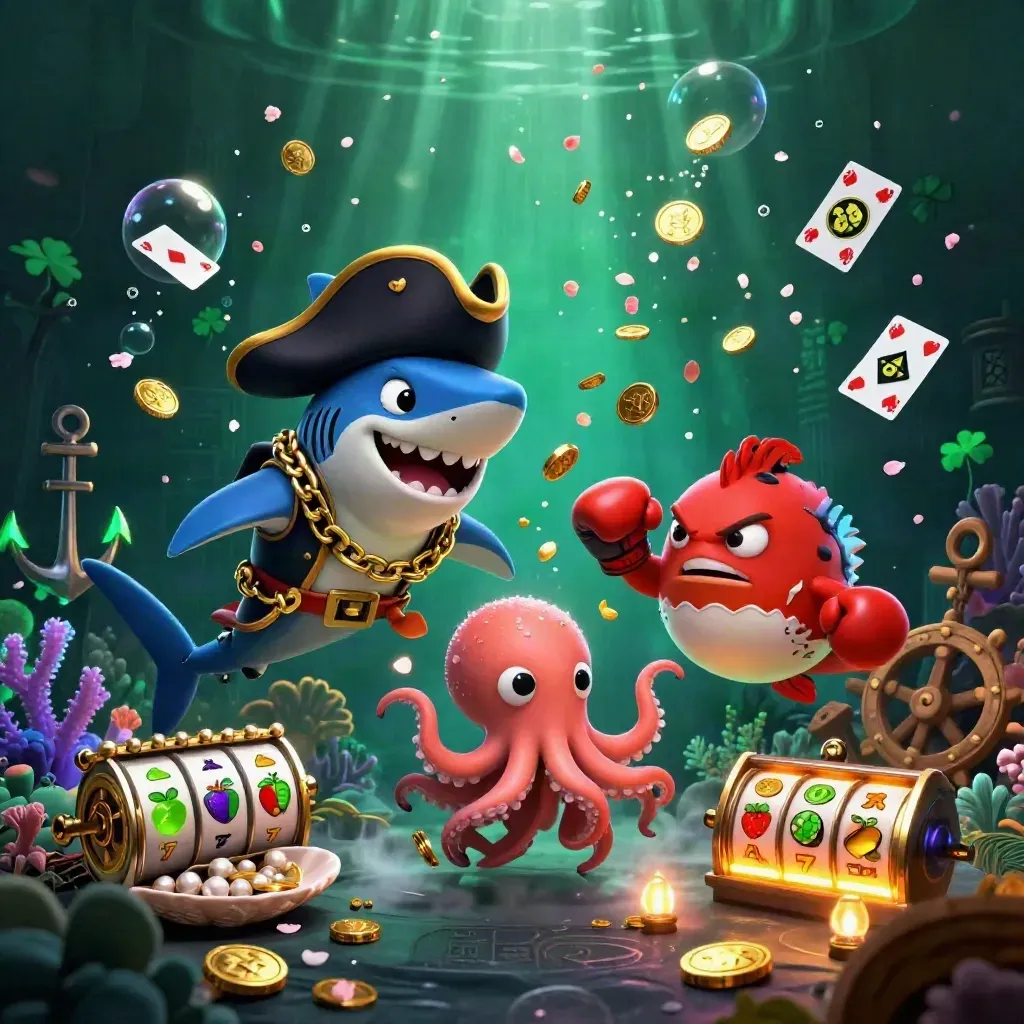 Pirate shark, red pufferfish, and baby octopus amid treasure, reels, and neon underwater casino glow.
