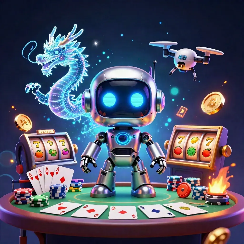 Cyberpunk robot, hologram dragon and coin drone amid casino chips, cards, reels and neon sparks.
