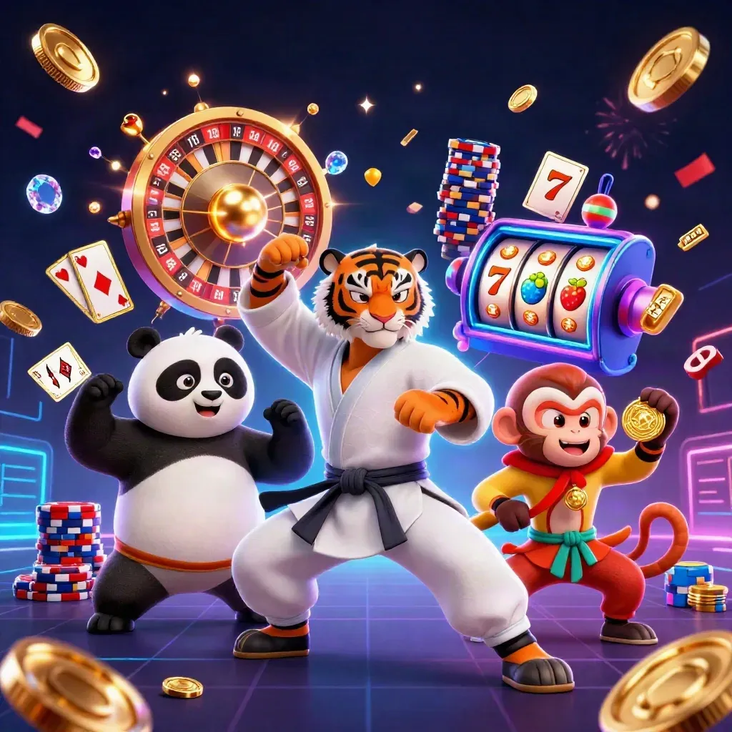 Kung-fu tiger, panda, and monkey amid casino action, coins, chips, reels, and neon effects