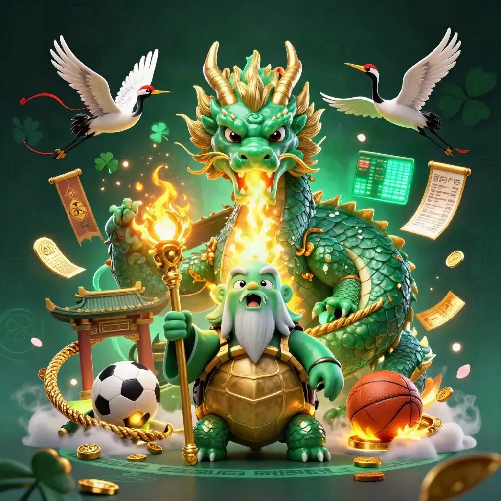Emerald dragon, turtle sage, and cranes amid casino relics, gold sparks, and neon glow.