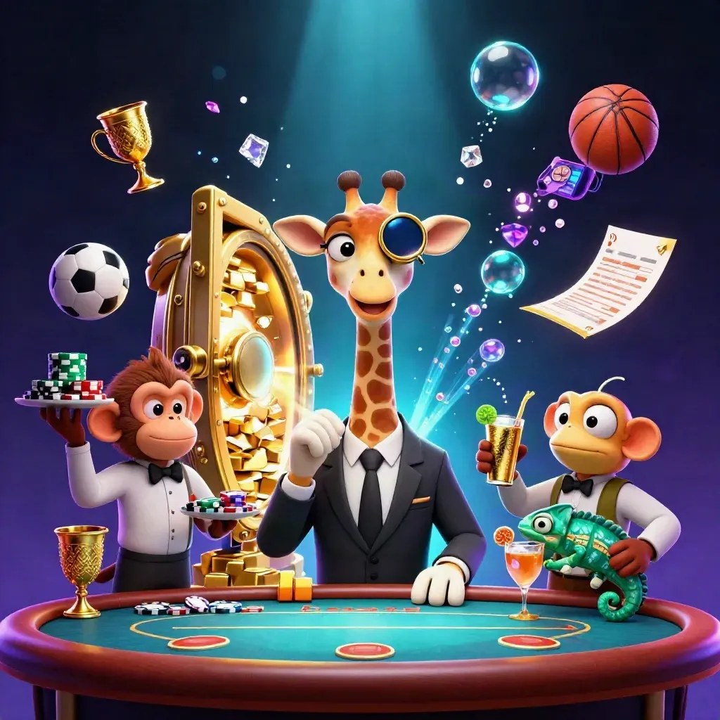 Giraffe, monkey, and chameleon around a glowing vault with gold, gems, and neon casino light.