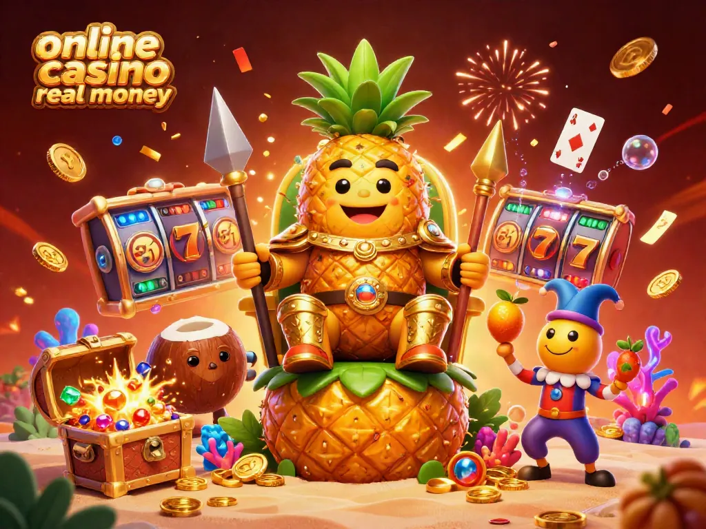 Engage with the vibrant world of online casino real money through this vivid 3D illustration featuring a golden pineapple king and themed elements.