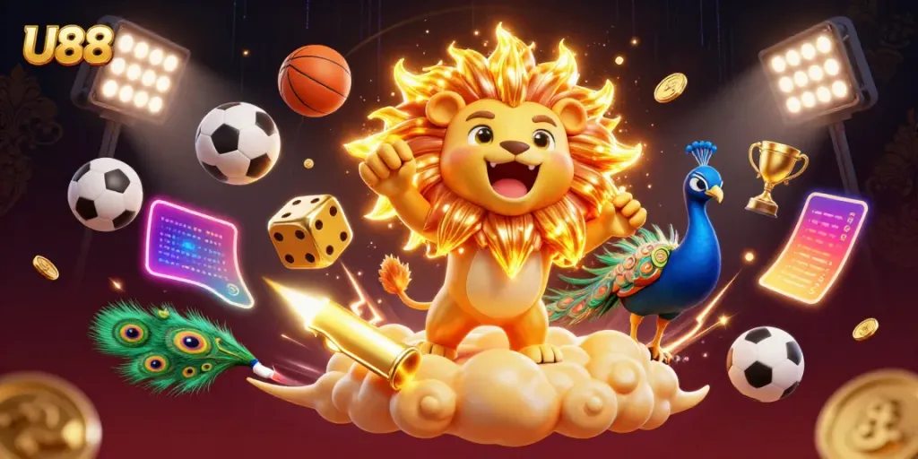 Engage with U888, showcasing dynamic casino games amid thrilling action and vibrant colors.