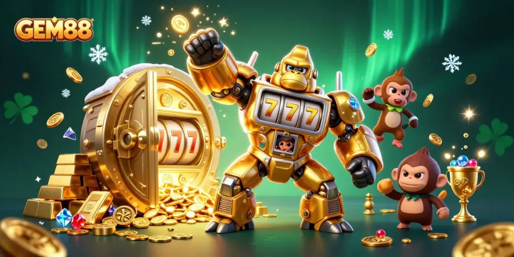 Experience the thrill of GEM88's casino world with a dynamic illustration of a golden gorilla mech.