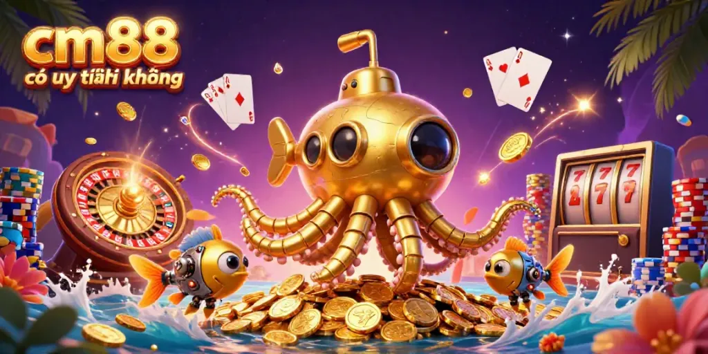 Experience the thrills of casino gaming with cm88 có uy tín không, featuring a vibrant underwater scene with a golden kraken and dynamic gaming elements.
