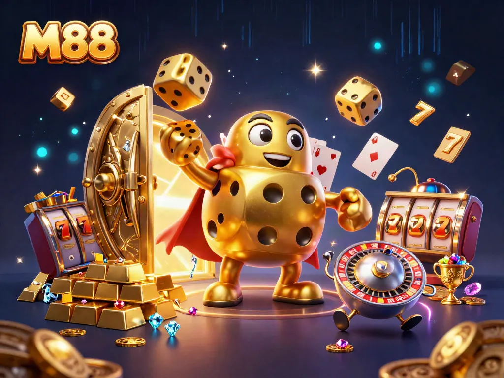 M88 offers thrilling jackpot opportunities with a vibrant casino scene featuring golden dice golems and slot machines.