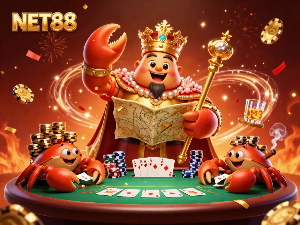 NET88's golden crab emperor leads the casino celebration with poker chips and festive elements.