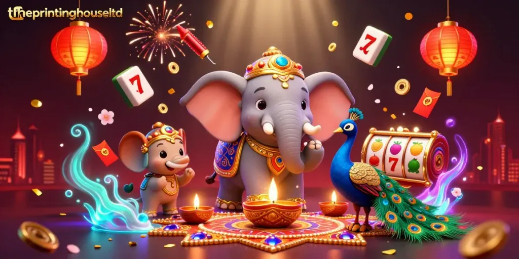 Experience vibrant gameplay with theprintinghouseltd at this lively digital casino scene featuring a festive elephant and slot elements.
