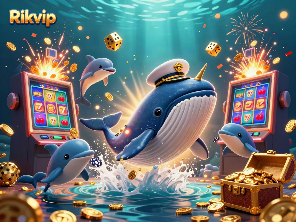 Rikvip immersive casino scene with a whale and dolphins celebrating jackpot wins in a sea of gold.