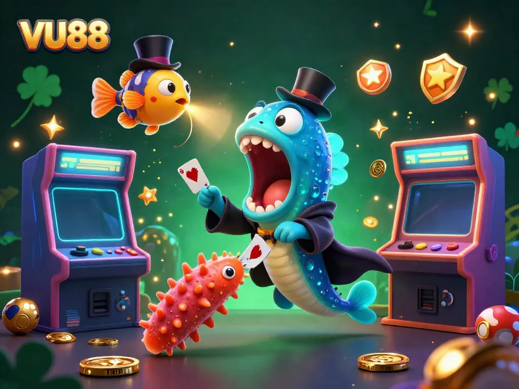 Experience thrilling gaming action with VU88 in a vibrant 3D illustration featuring colorful casino games.