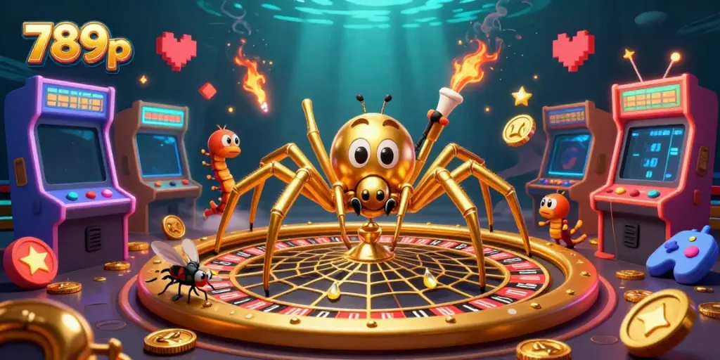 Experience excitement with the 789p golden spider spinning a roulette wheel web in this dynamic casino illustration.