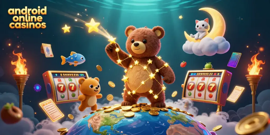 Engaging illustration showcasing android online casinos with a constellation bear, coins, and slot game elements.