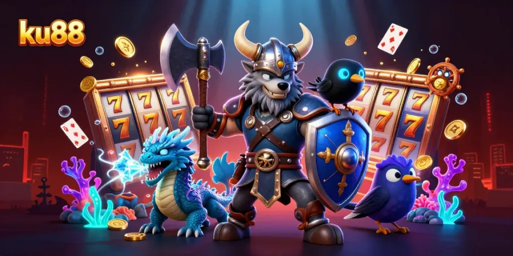 Experience thrilling jackpots at ku88 with a Viking wolf warrior, fierce dragon, and lucky symbols in action.