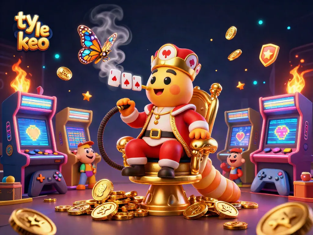 Bet on ty le keo as a vibrant caterpillar master showcases poker symbols and game excitement.