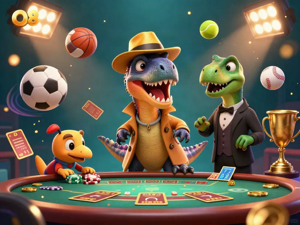 Experience O8's thrilling blackjack scene animated with sports elements and vibrant playful characters.