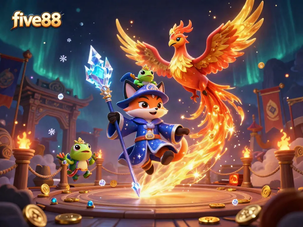 Engage with five88’s mystical wizard fox and phoenix amidst a vibrant casino atmosphere.