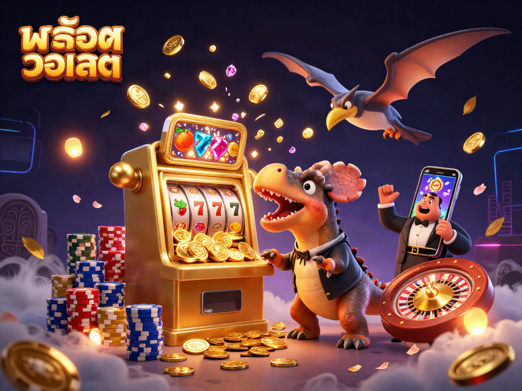 Engaging สล็อตวอเลท scene with dinosaurs, jackpots, and dynamic casino elements in action