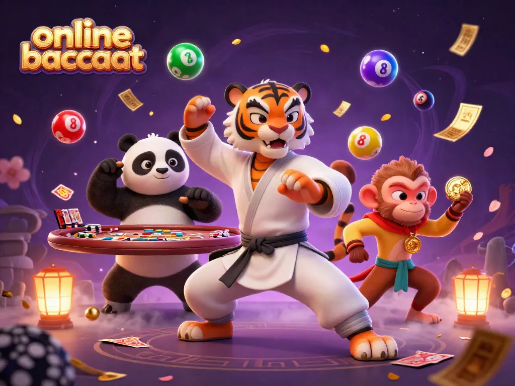 Playing online baccarat with a tiger master and panda disciple in a vibrant casino setting.