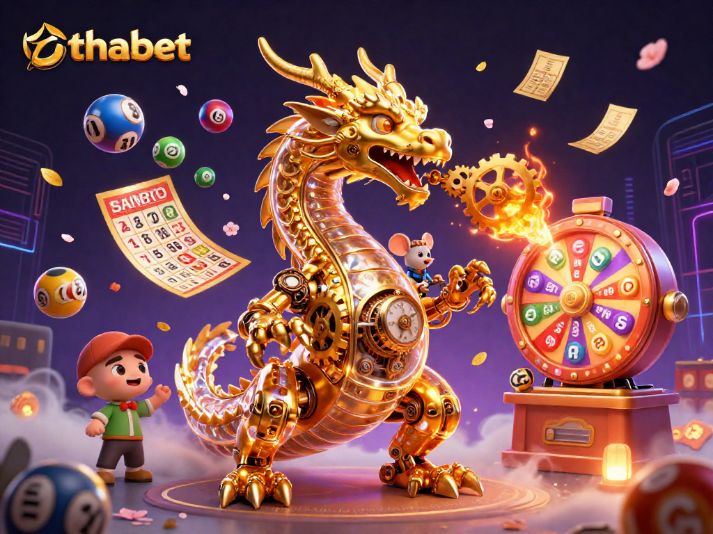 Experience the thrill of thabet with a golden dragon and colorful game elements in a dynamic 3D scene.