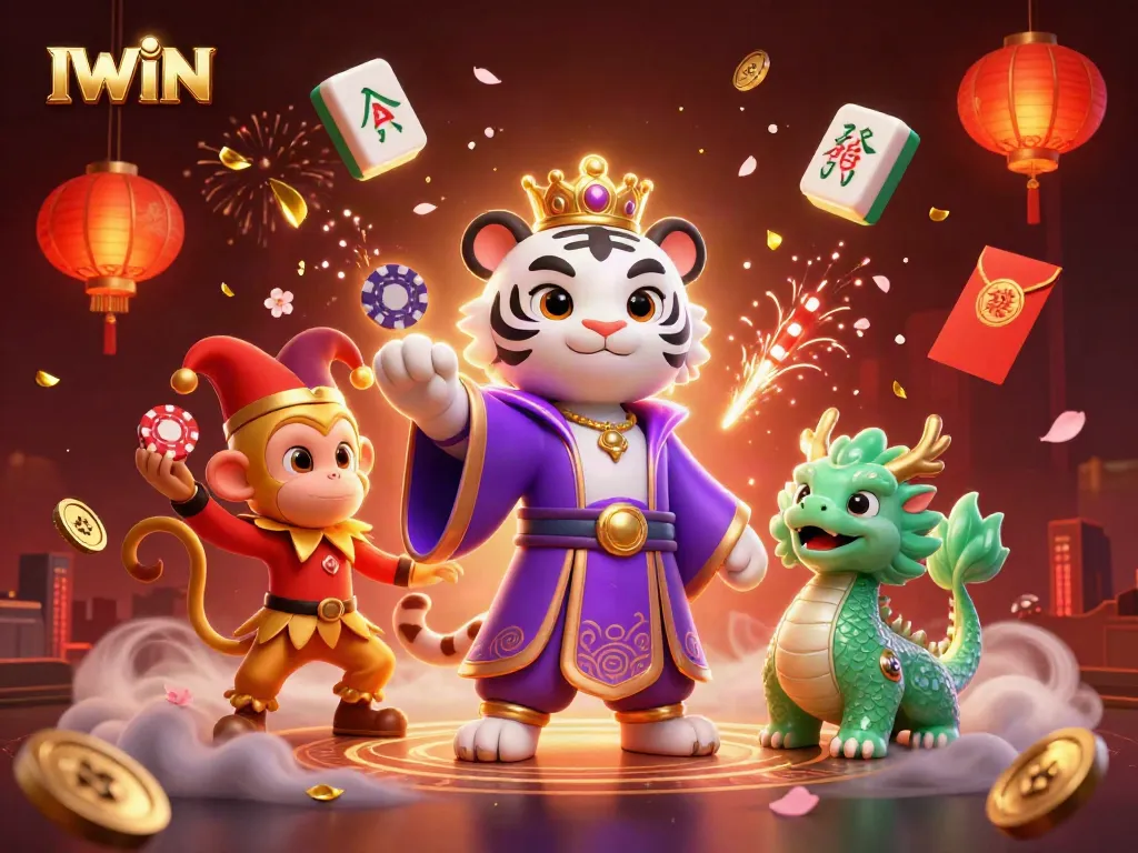 IWIN represents vibrant casino action with a majestic tiger, playful monkey, and jade dragon amidst a festive backdrop