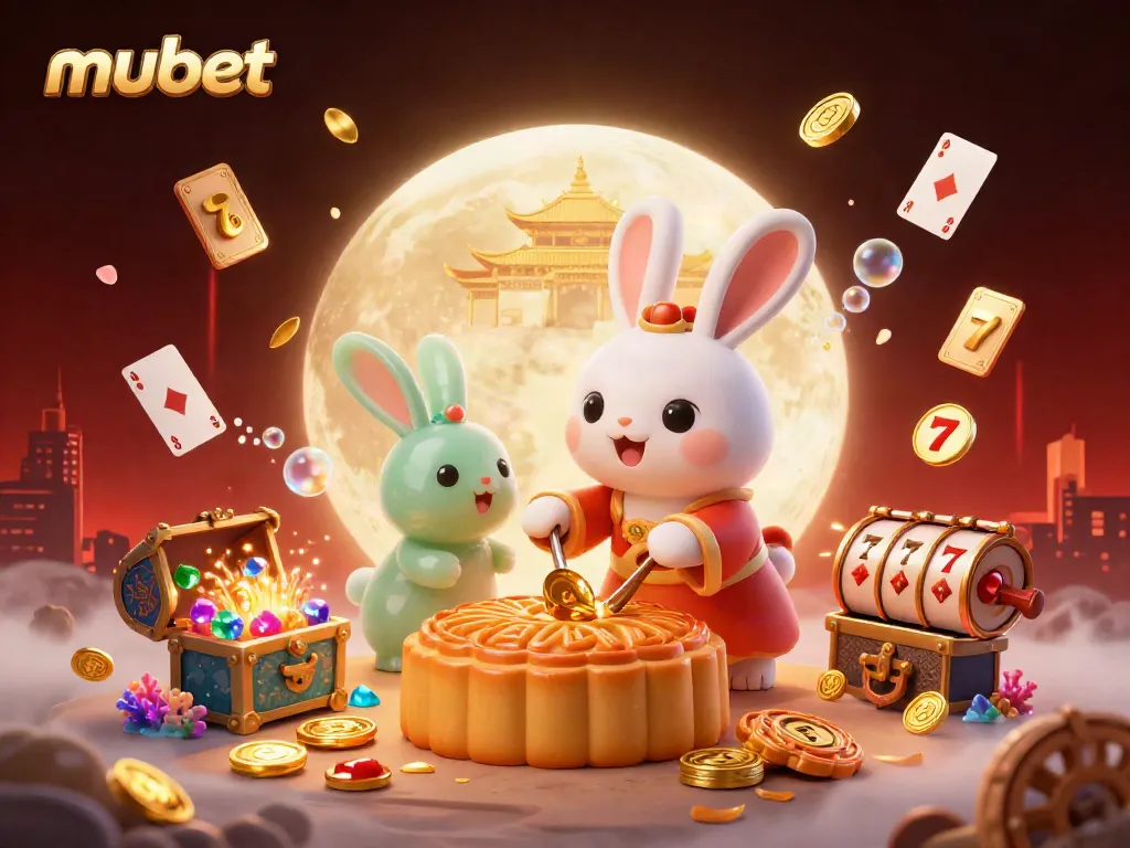 Win big with mubet in this vibrant casino-themed lunar illustration featuring poker-inspired mooncakes.