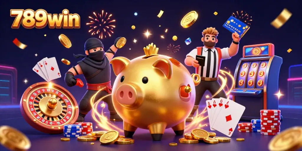 Experience exhilarating wins at 789win with golden coins cascading around playful characters in a vibrant casino scene.